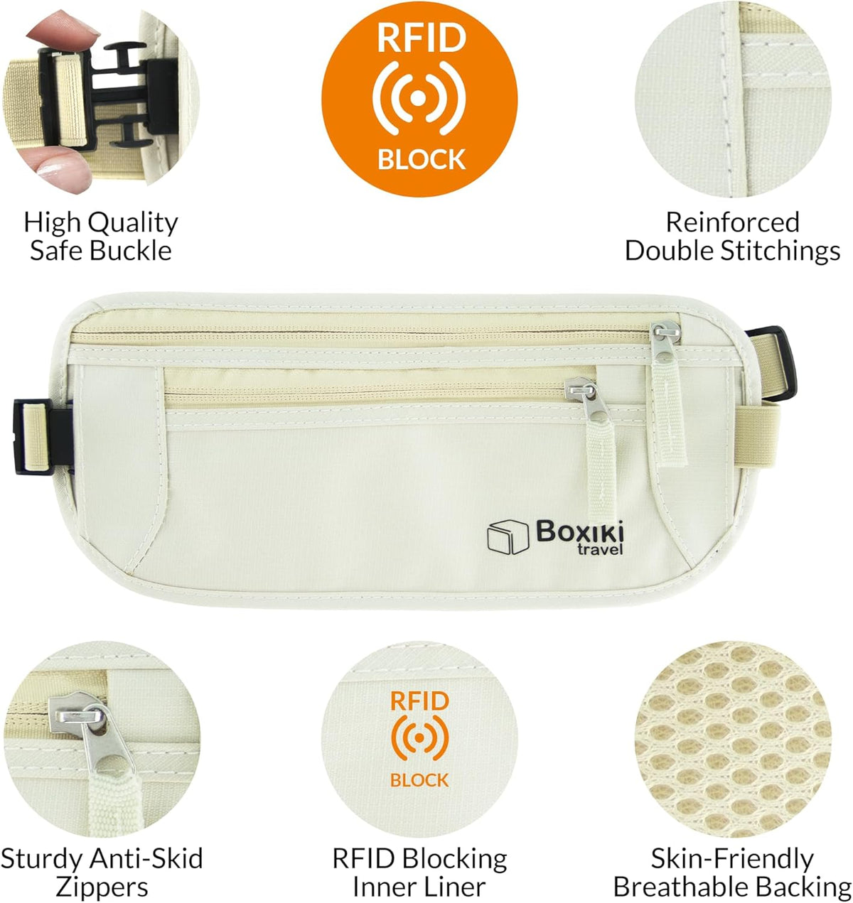Gray Money Belt + RFID Sleeves Set of 8 Pcs | RFID Blocking Secure Waist Bag, Credit Card Holders & Passport Holders for Men and Women | Keep Your Travel Essentials in Reach