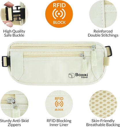 Gray Money Belt + RFID Sleeves Set of 8 Pcs | RFID Blocking Secure Waist Bag, Credit Card Holders & Passport Holders for Men and Women | Keep Your Travel Essentials in Reach