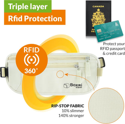 Gray Money Belt + RFID Sleeves Set of 8 Pcs | RFID Blocking Secure Waist Bag, Credit Card Holders & Passport Holders for Men and Women | Keep Your Travel Essentials in Reach