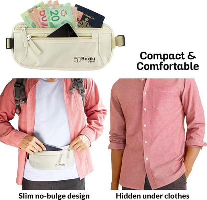 Gray Money Belt + RFID Sleeves Set of 8 Pcs | RFID Blocking Secure Waist Bag, Credit Card Holders & Passport Holders for Men and Women | Keep Your Travel Essentials in Reach