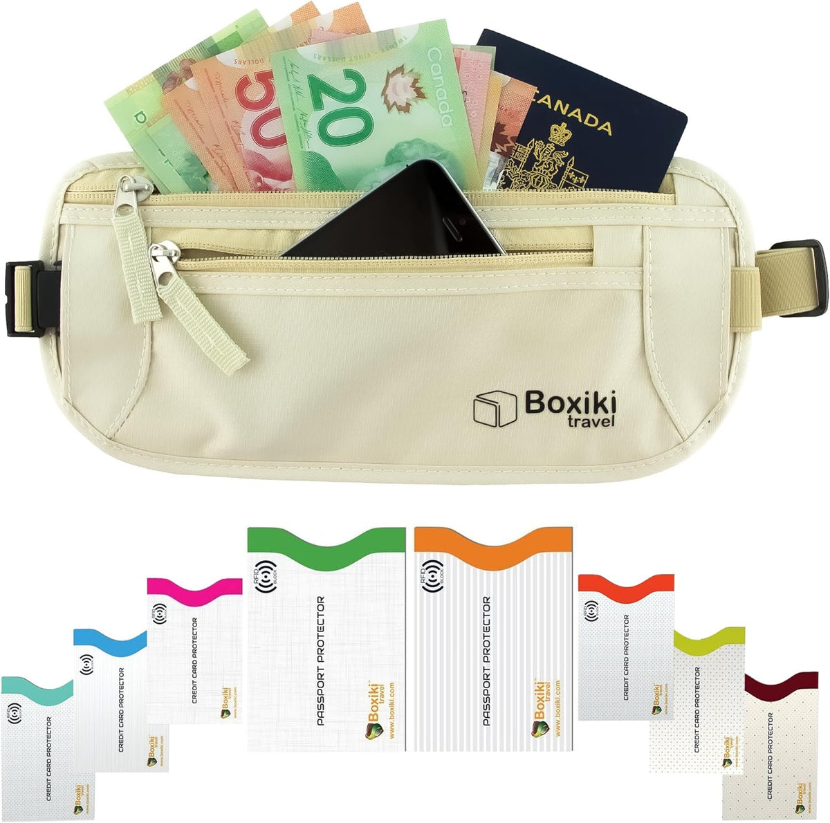 Gray Money Belt + RFID Sleeves Set of 8 Pcs | RFID Blocking Secure Waist Bag, Credit Card Holders & Passport Holders for Men and Women | Keep Your Travel Essentials in Reach