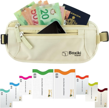 Gray Money Belt + RFID Sleeves Set of 8 Pcs | RFID Blocking Secure Waist Bag, Credit Card Holders & Passport Holders for Men and Women | Keep Your Travel Essentials in Reach
