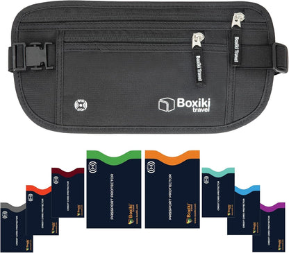 Gray Money Belt + RFID Sleeves Set of 8 Pcs | RFID Blocking Secure Waist Bag, Credit Card Holders & Passport Holders for Men and Women | Keep Your Travel Essentials in Reach