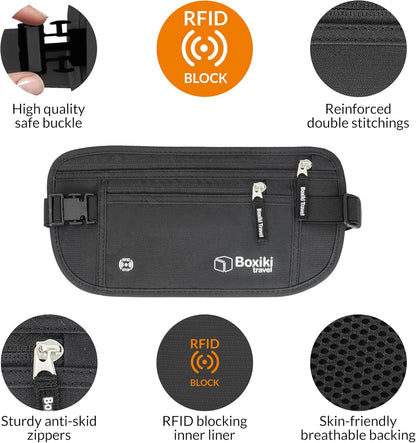 Gray Money Belt + RFID Sleeves Set of 8 Pcs | RFID Blocking Secure Waist Bag, Credit Card Holders & Passport Holders for Men and Women | Keep Your Travel Essentials in Reach