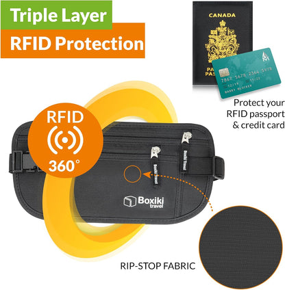Gray Money Belt + RFID Sleeves Set of 8 Pcs | RFID Blocking Secure Waist Bag, Credit Card Holders & Passport Holders for Men and Women | Keep Your Travel Essentials in Reach