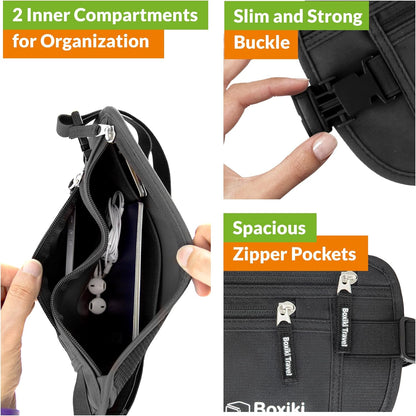 Gray Money Belt + RFID Sleeves Set of 8 Pcs | RFID Blocking Secure Waist Bag, Credit Card Holders & Passport Holders for Men and Women | Keep Your Travel Essentials in Reach