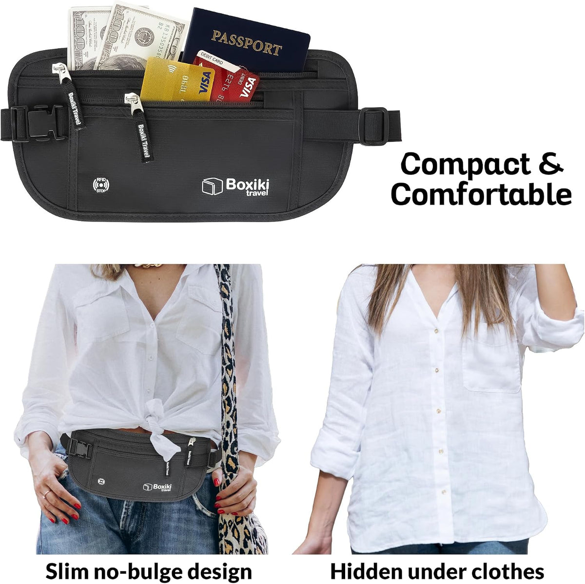 Gray Money Belt + RFID Sleeves Set of 8 Pcs | RFID Blocking Secure Waist Bag, Credit Card Holders & Passport Holders for Men and Women | Keep Your Travel Essentials in Reach