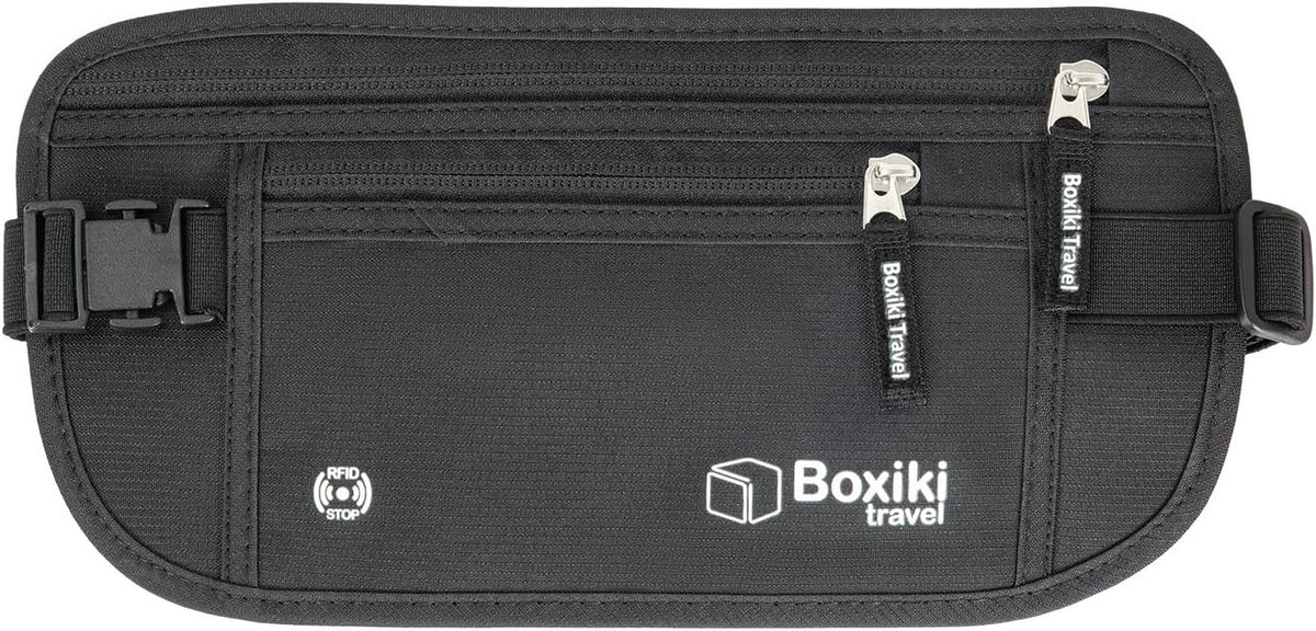 Gray Money Belt + RFID Sleeves Set of 8 Pcs | RFID Blocking Secure Waist Bag, Credit Card Holders & Passport Holders for Men and Women | Keep Your Travel Essentials in Reach