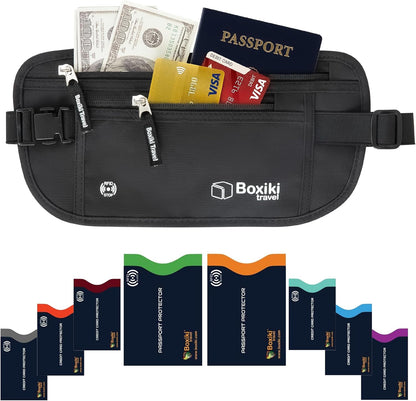 Gray Money Belt + RFID Sleeves Set of 8 Pcs | RFID Blocking Secure Waist Bag, Credit Card Holders & Passport Holders for Men and Women | Keep Your Travel Essentials in Reach