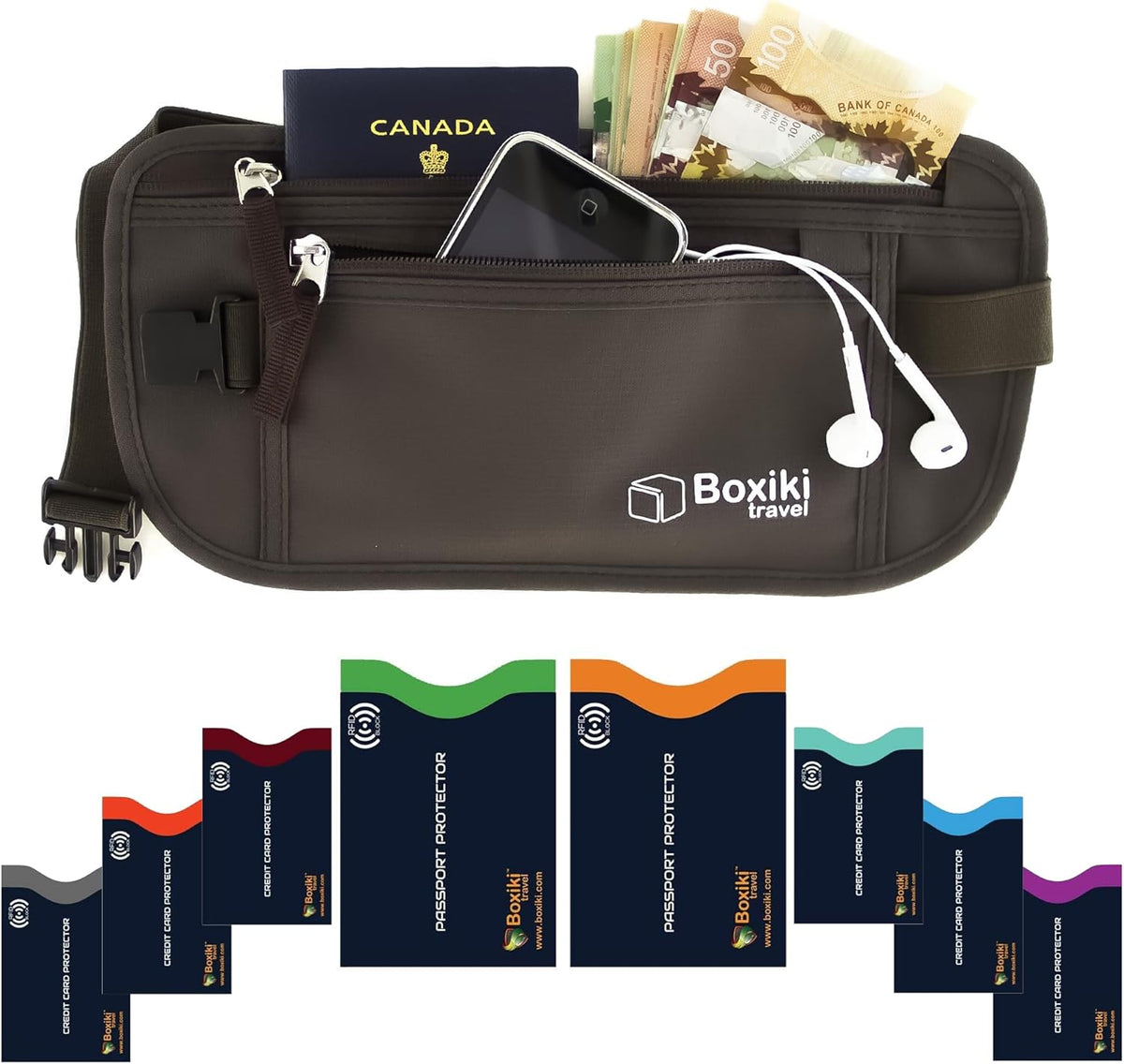 Gray Money Belt + RFID Sleeves Set of 8 Pcs | RFID Blocking Secure Waist Bag, Credit Card Holders & Passport Holders for Men and Women | Keep Your Travel Essentials in Reach
