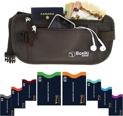 Gray Money Belt + RFID Sleeves Set of 8 Pcs | RFID Blocking Secure Waist Bag, Credit Card Holders & Passport Holders for Men and Women | Keep Your Travel Essentials in Reach
