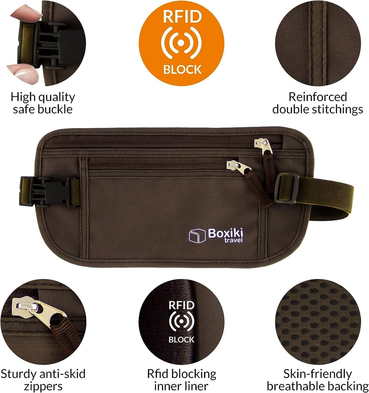 Gray Money Belt + RFID Sleeves Set of 8 Pcs | RFID Blocking Secure Waist Bag, Credit Card Holders & Passport Holders for Men and Women | Keep Your Travel Essentials in Reach