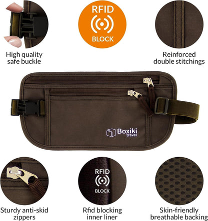 Gray Money Belt + RFID Sleeves Set of 8 Pcs | RFID Blocking Secure Waist Bag, Credit Card Holders & Passport Holders for Men and Women | Keep Your Travel Essentials in Reach