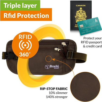 Gray Money Belt + RFID Sleeves Set of 8 Pcs | RFID Blocking Secure Waist Bag, Credit Card Holders & Passport Holders for Men and Women | Keep Your Travel Essentials in Reach