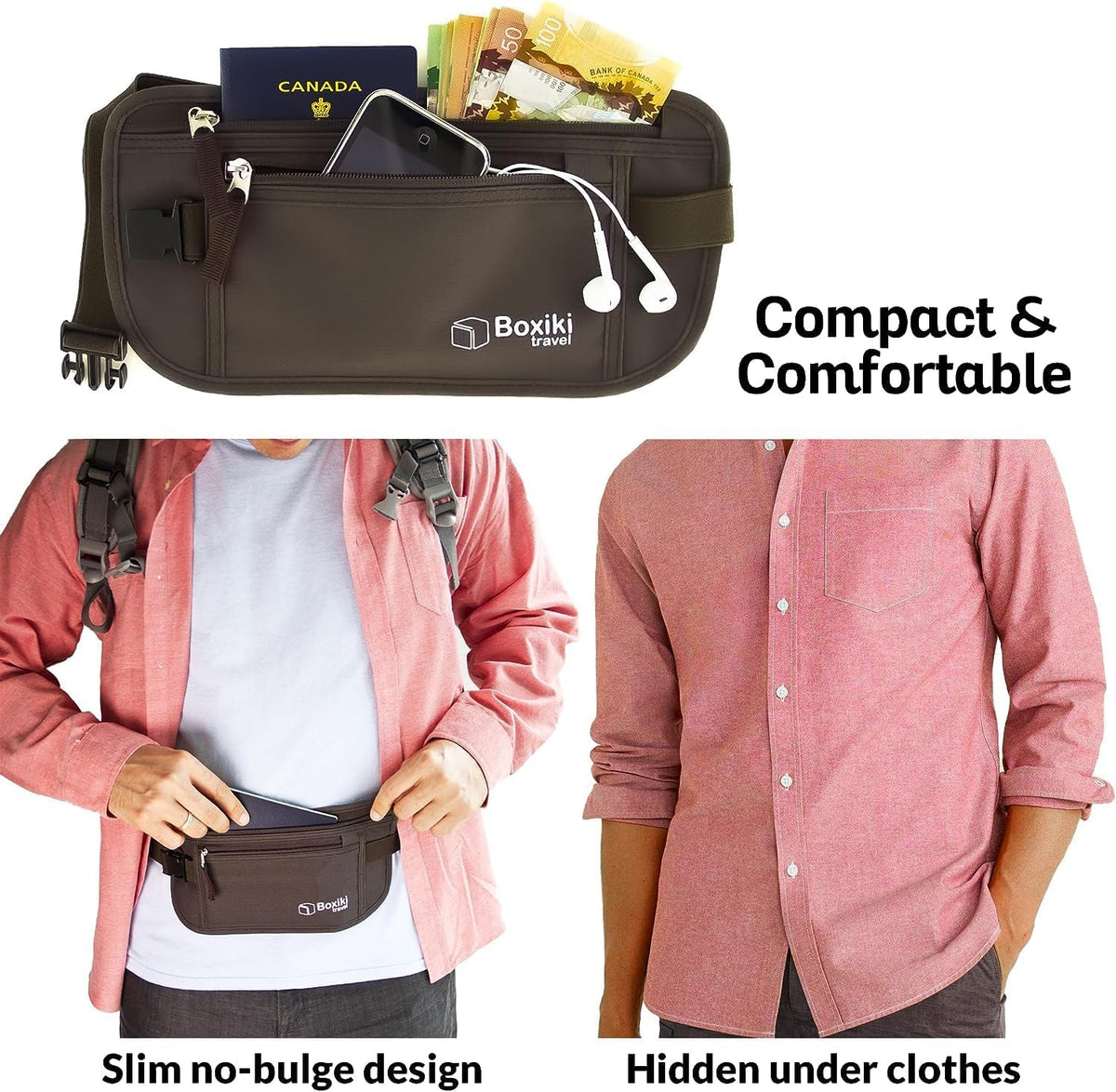 Gray Money Belt + RFID Sleeves Set of 8 Pcs | RFID Blocking Secure Waist Bag, Credit Card Holders & Passport Holders for Men and Women | Keep Your Travel Essentials in Reach