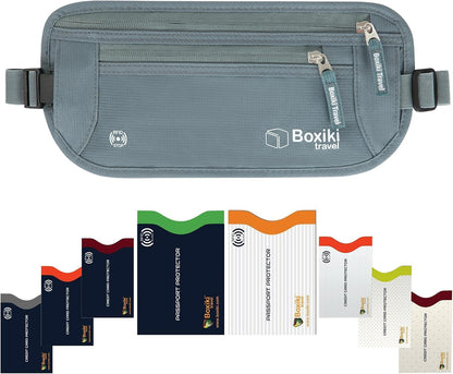 Gray Money Belt + RFID Sleeves Set of 8 Pcs | RFID Blocking Secure Waist Bag, Credit Card Holders & Passport Holders for Men and Women | Keep Your Travel Essentials in Reach