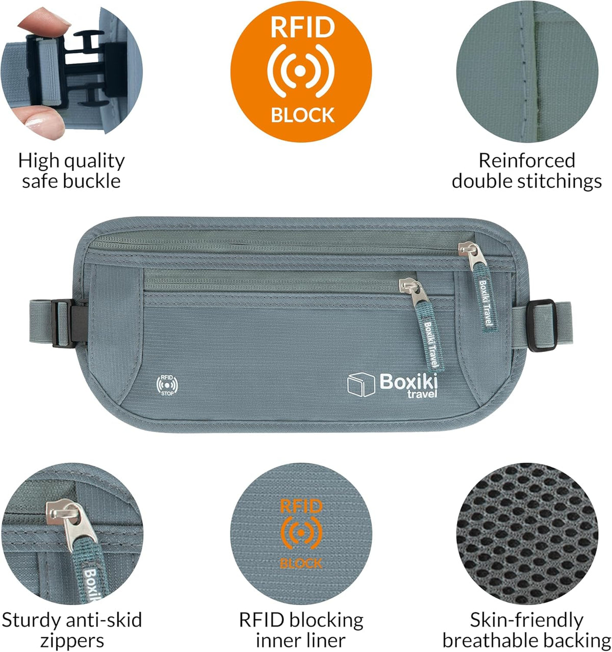 Gray Money Belt + RFID Sleeves Set of 8 Pcs | RFID Blocking Secure Waist Bag, Credit Card Holders & Passport Holders for Men and Women | Keep Your Travel Essentials in Reach