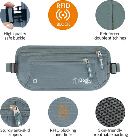 Gray Money Belt + RFID Sleeves Set of 8 Pcs | RFID Blocking Secure Waist Bag, Credit Card Holders & Passport Holders for Men and Women | Keep Your Travel Essentials in Reach