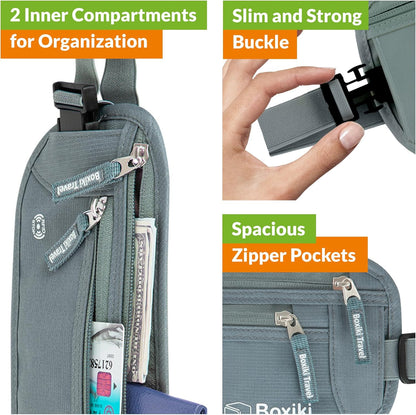 Gray Money Belt + RFID Sleeves Set of 8 Pcs | RFID Blocking Secure Waist Bag, Credit Card Holders & Passport Holders for Men and Women | Keep Your Travel Essentials in Reach