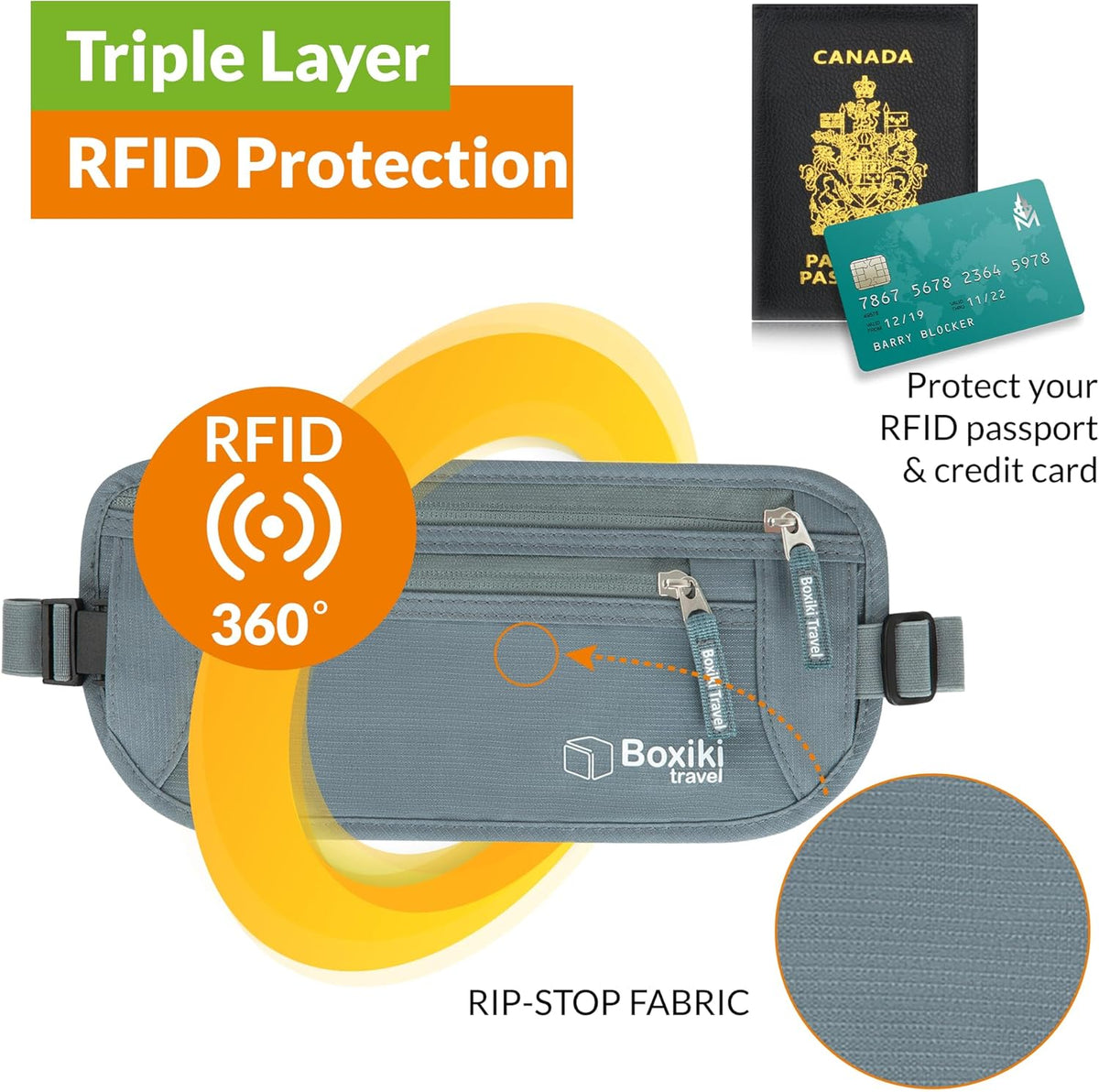 Gray Money Belt + RFID Sleeves Set of 8 Pcs | RFID Blocking Secure Waist Bag, Credit Card Holders & Passport Holders for Men and Women | Keep Your Travel Essentials in Reach