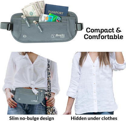 Gray Money Belt + RFID Sleeves Set of 8 Pcs | RFID Blocking Secure Waist Bag, Credit Card Holders & Passport Holders for Men and Women | Keep Your Travel Essentials in Reach