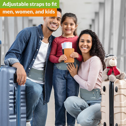 Gray Money Belt + RFID Sleeves Set of 8 Pcs | RFID Blocking Secure Waist Bag, Credit Card Holders & Passport Holders for Men and Women | Keep Your Travel Essentials in Reach