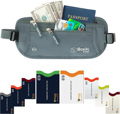 Gray Money Belt + RFID Sleeves Set of 8 Pcs | RFID Blocking Secure Waist Bag, Credit Card Holders & Passport Holders for Men and Women | Keep Your Travel Essentials in Reach