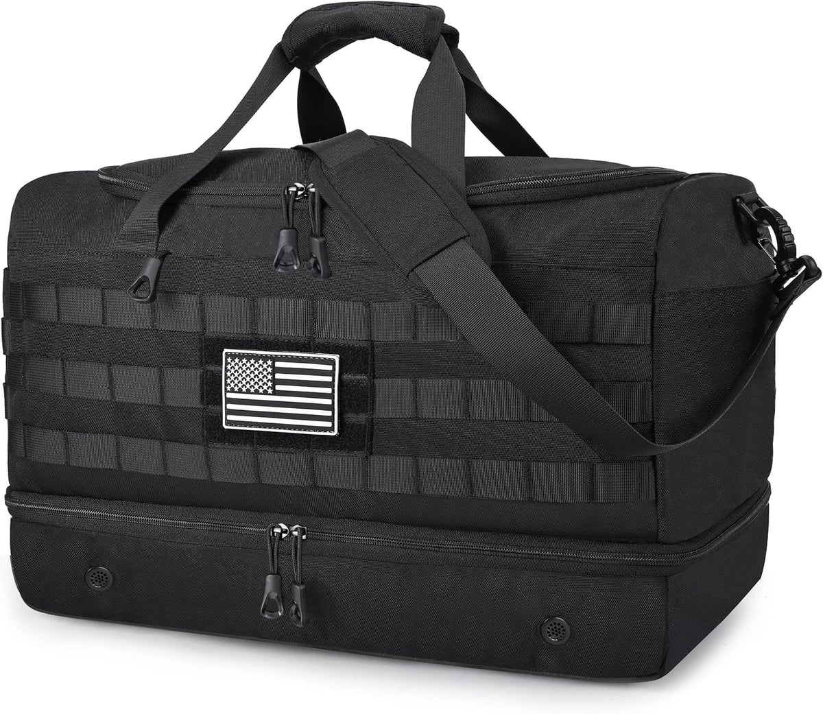 Black Duffle Bag for Men, 45L Carry On 22x14x9 Travel Duffle with Shoe Compartment Tactical Inspired Heavy Duty GYM Overnight Bag Wet-Dry Separated Compartment