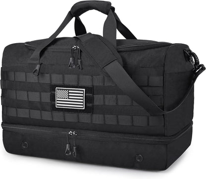 Black Duffle Bag for Men, 45L Carry On 22x14x9 Travel Duffle with Shoe Compartment Tactical Inspired Heavy Duty GYM Overnight Bag Wet-Dry Separated Compartment