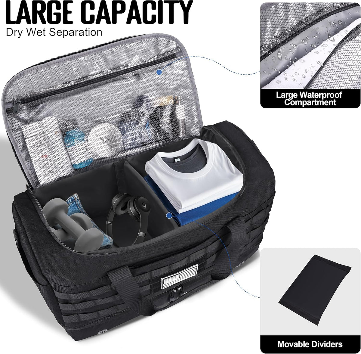 Black Duffle Bag for Men, 45L Carry On 22x14x9 Travel Duffle with Shoe Compartment Tactical Inspired Heavy Duty GYM Overnight Bag Wet-Dry Separated Compartment