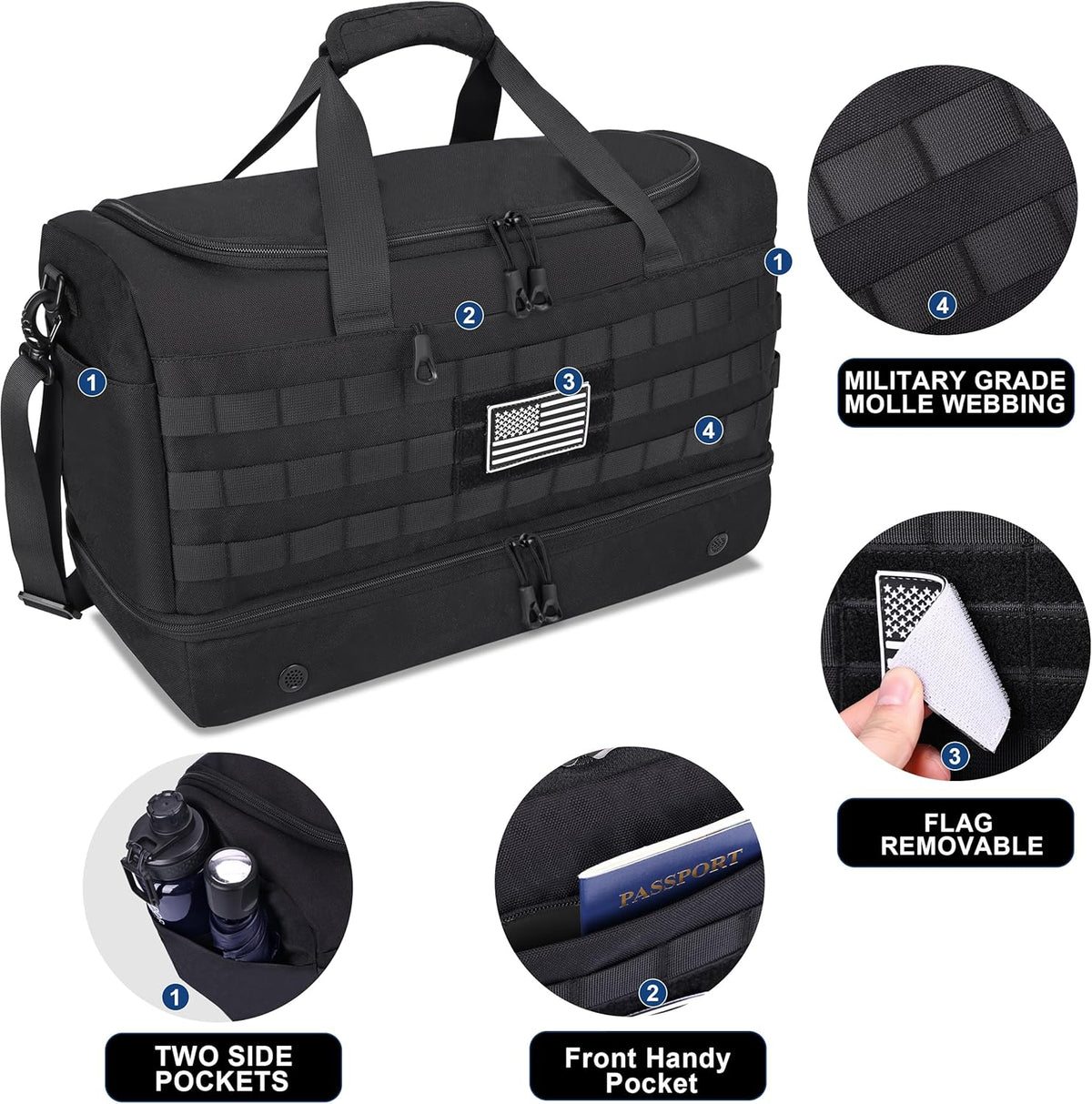 Black Duffle Bag for Men, 45L Carry On 22x14x9 Travel Duffle with Shoe Compartment Tactical Inspired Heavy Duty GYM Overnight Bag Wet-Dry Separated Compartment
