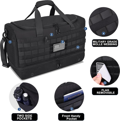 Black Duffle Bag for Men, 45L Carry On 22x14x9 Travel Duffle with Shoe Compartment Tactical Inspired Heavy Duty GYM Overnight Bag Wet-Dry Separated Compartment