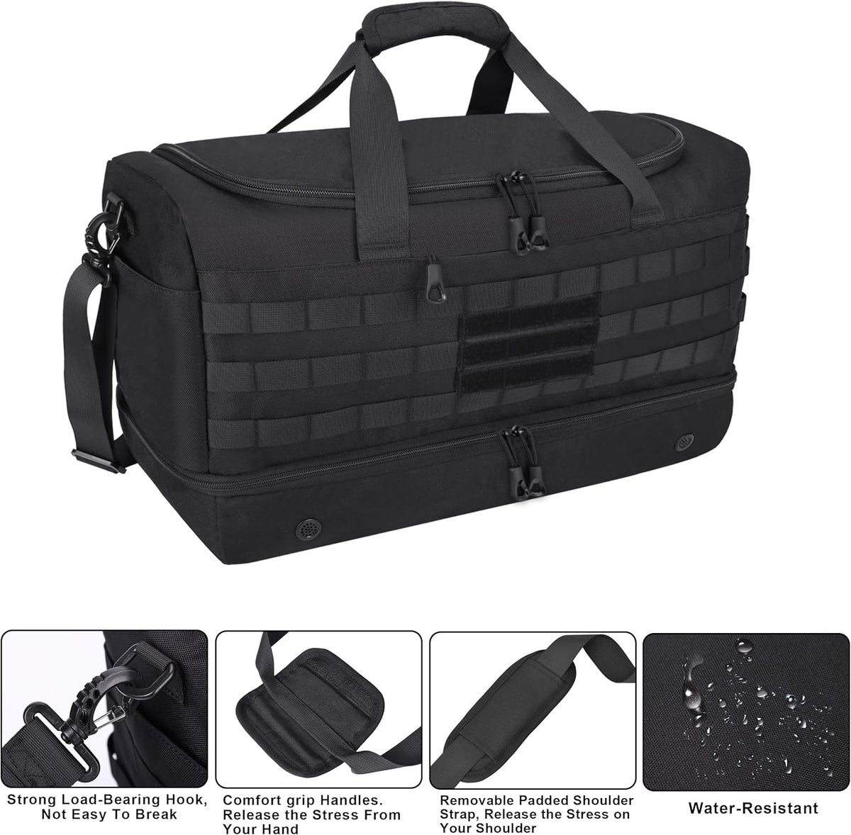 Black Duffle Bag for Men, 45L Carry On 22x14x9 Travel Duffle with Shoe Compartment Tactical Inspired Heavy Duty GYM Overnight Bag Wet-Dry Separated Compartment