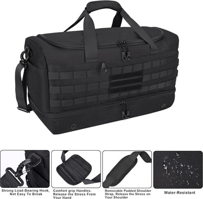 Black Duffle Bag for Men, 45L Carry On 22x14x9 Travel Duffle with Shoe Compartment Tactical Inspired Heavy Duty GYM Overnight Bag Wet-Dry Separated Compartment