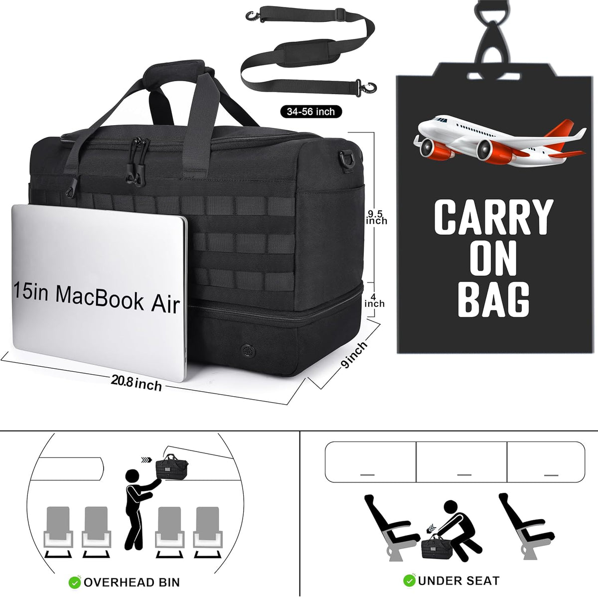 Black Duffle Bag for Men, 45L Carry On 22x14x9 Travel Duffle with Shoe Compartment Tactical Inspired Heavy Duty GYM Overnight Bag Wet-Dry Separated Compartment