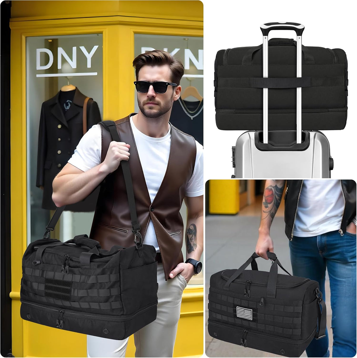 Black Duffle Bag for Men, 45L Carry On 22x14x9 Travel Duffle with Shoe Compartment Tactical Inspired Heavy Duty GYM Overnight Bag Wet-Dry Separated Compartment