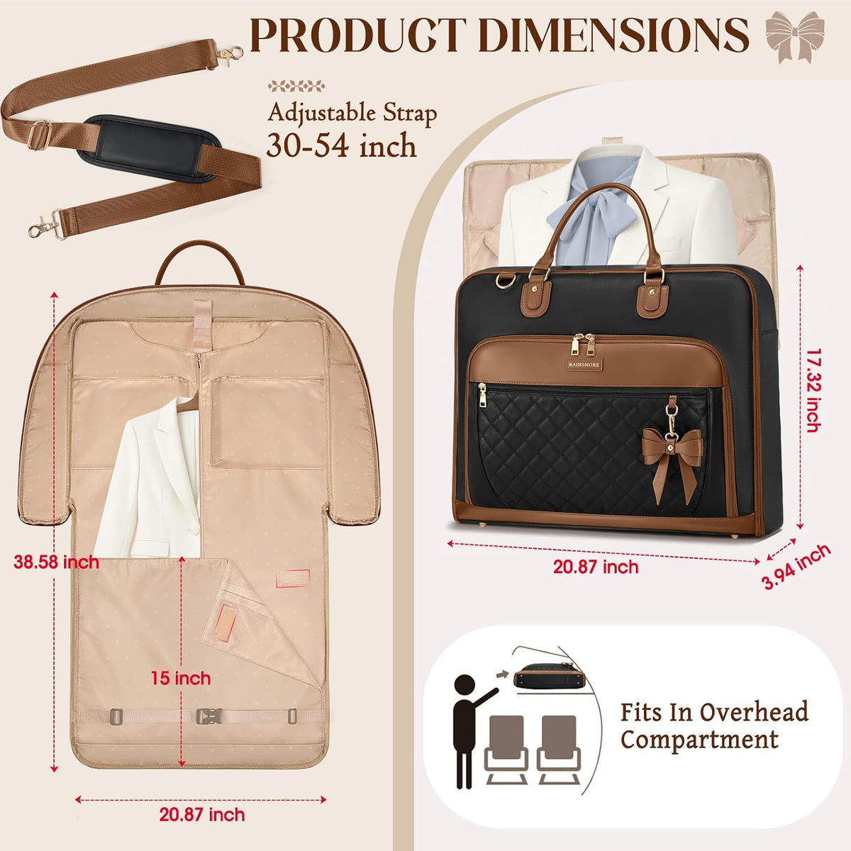 Garment Bag for Travel Womens Hanging Suit & Dress Travel Bag Foldable Garment Duffle with Pockets & Strap, Carry On Compatible