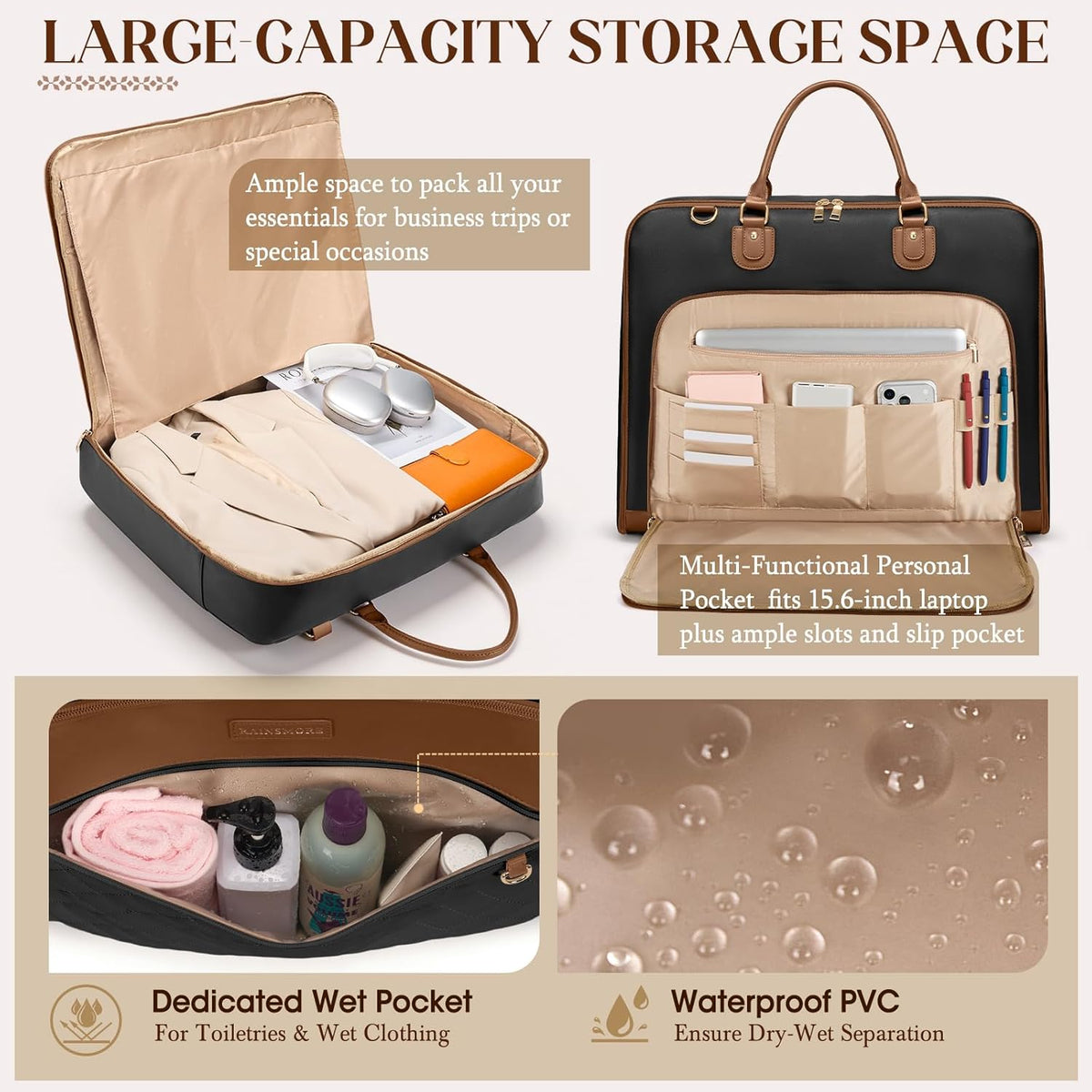 Garment Bag for Travel Womens Hanging Suit & Dress Travel Bag Foldable Garment Duffle with Pockets & Strap, Carry On Compatible