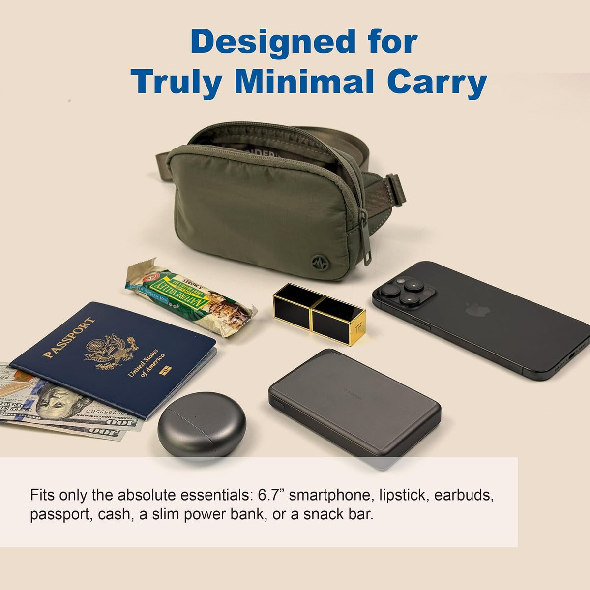 Mini Belt Bag – Ultra Compact, Fits 6.7” Phone, Lipstick, Earbuds, Essentials, Small Crossbody Waist Purse, Black Onyx