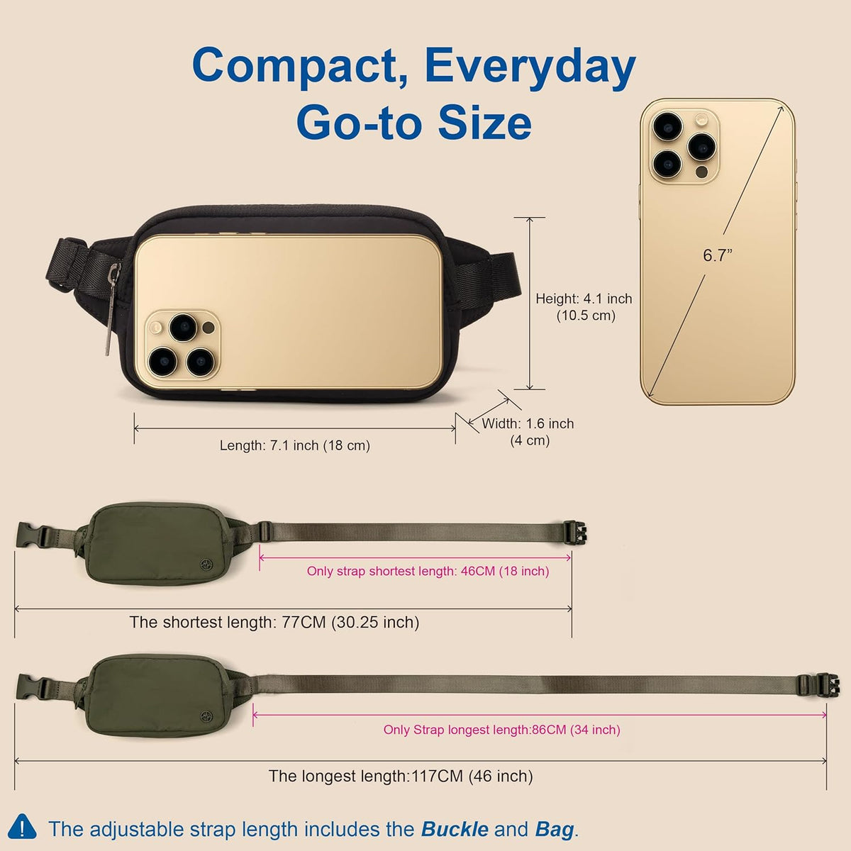 Mini Belt Bag – Ultra Compact, Fits 6.7” Phone, Lipstick, Earbuds, Essentials, Small Crossbody Waist Purse, Black Onyx
