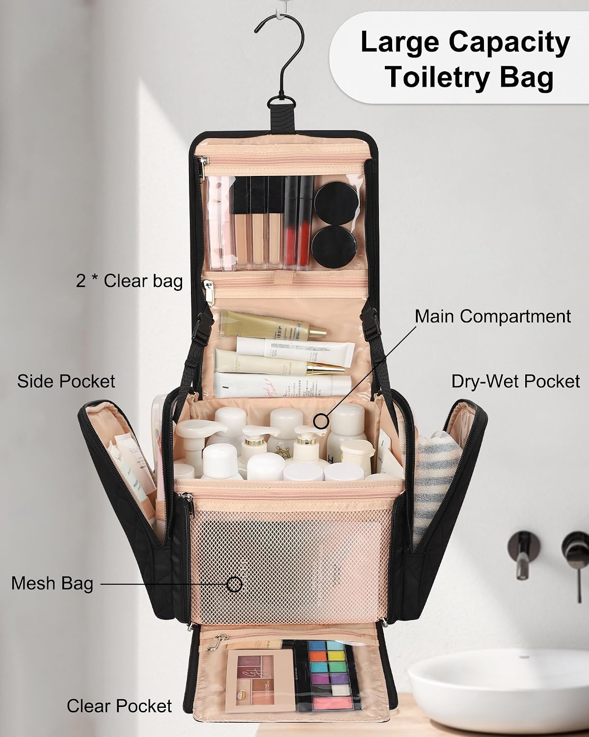 Hanging Toiletry Bag for Women, Travel Toiletries Bag Large Makeup Bag Water-Resistant Cosmetic Organizer with Hook Portable Bathroom Bag for Full-Size Bottles Travel Essentials Floral Print