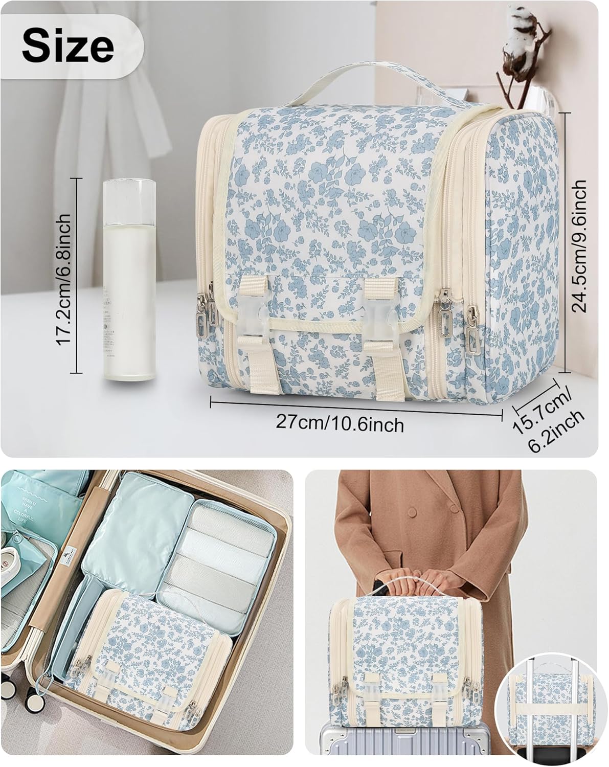 Hanging Toiletry Bag for Women, Travel Toiletries Bag Large Makeup Bag Water-Resistant Cosmetic Organizer with Hook Portable Bathroom Bag for Full-Size Bottles Travel Essentials Floral Print