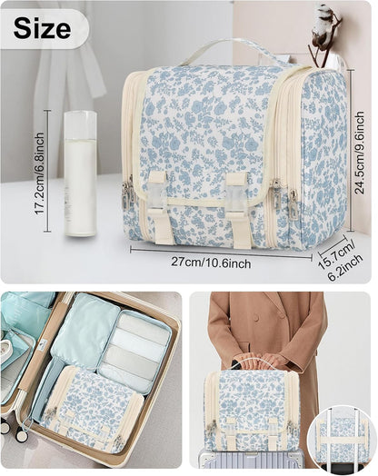Hanging Toiletry Bag for Women, Travel Toiletries Bag Large Makeup Bag Water-Resistant Cosmetic Organizer with Hook Portable Bathroom Bag for Full-Size Bottles Travel Essentials Floral Print