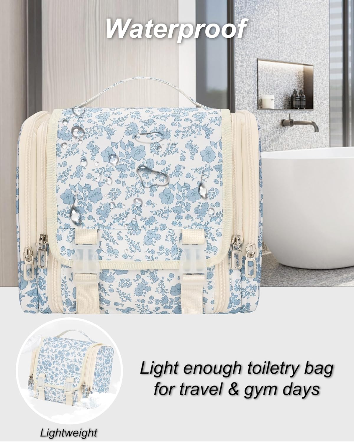 Hanging Toiletry Bag for Women, Travel Toiletries Bag Large Makeup Bag Water-Resistant Cosmetic Organizer with Hook Portable Bathroom Bag for Full-Size Bottles Travel Essentials Floral Print
