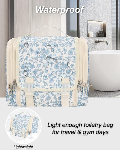 Hanging Toiletry Bag for Women, Travel Toiletries Bag Large Makeup Bag Water-Resistant Cosmetic Organizer with Hook Portable Bathroom Bag for Full-Size Bottles Travel Essentials Floral Print