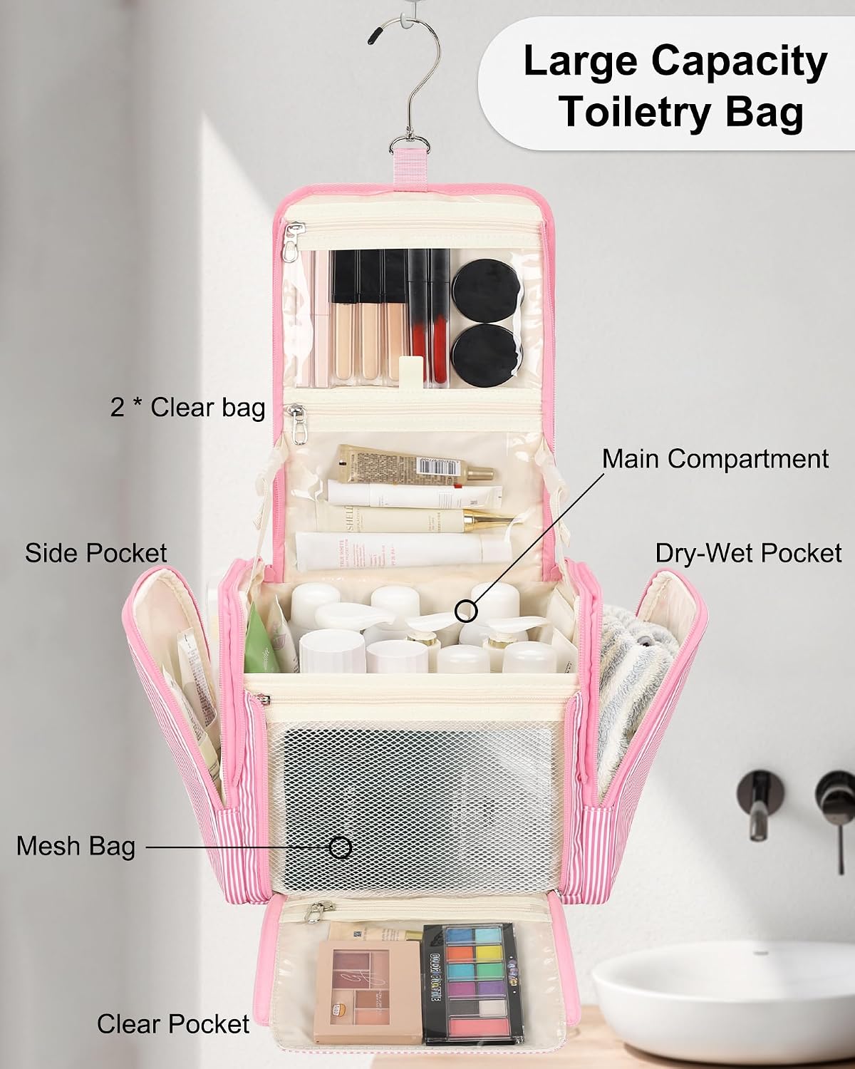Hanging Toiletry Bag for Women, Travel Toiletries Bag Large Makeup Bag Water-Resistant Cosmetic Organizer with Hook Portable Bathroom Bag for Full-Size Bottles Travel Essentials Floral Print