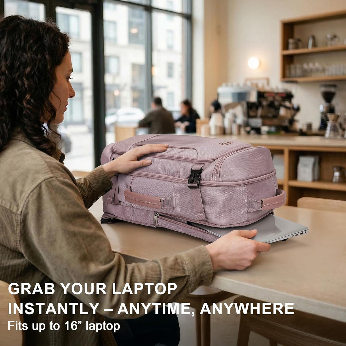 Large Travel Backpack for Women with 16" Padded Laptop Compartment | Flight Approved Carry On Bag with 180° Open, USB Port, Anti-Theft Pocket for Airport, Road Trips, Work, PE067 Khaki