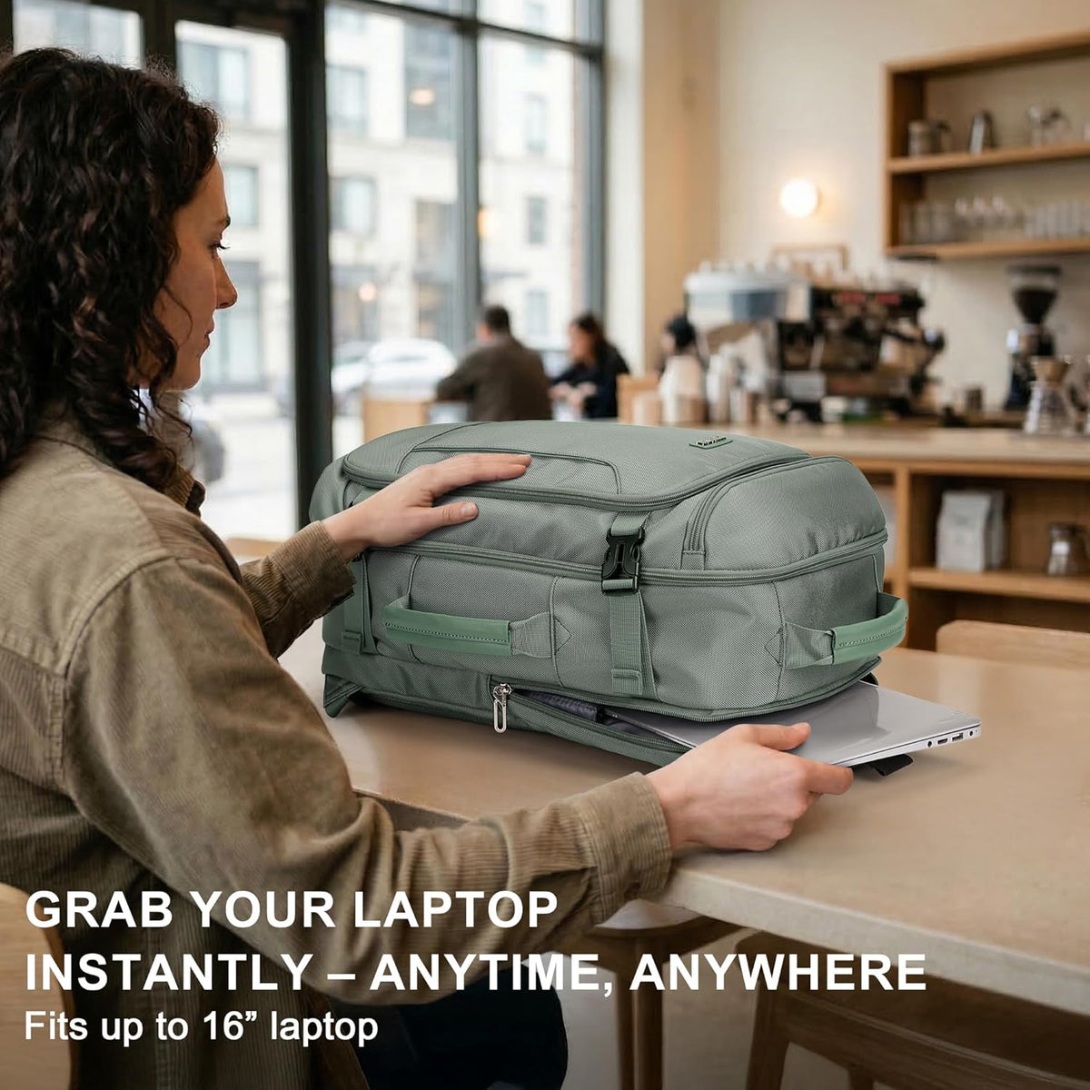 Large Travel Backpack for Women with 16" Padded Laptop Compartment | Flight Approved Carry On Bag with 180° Open, USB Port, Anti-Theft Pocket for Airport, Road Trips, Work, PE067 Khaki
