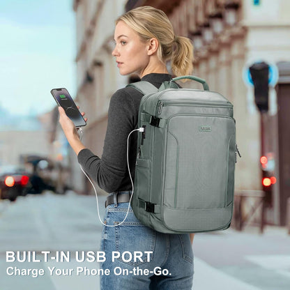 Large Travel Backpack for Women with 16" Padded Laptop Compartment | Flight Approved Carry On Bag with 180° Open, USB Port, Anti-Theft Pocket for Airport, Road Trips, Work, PE067 Khaki