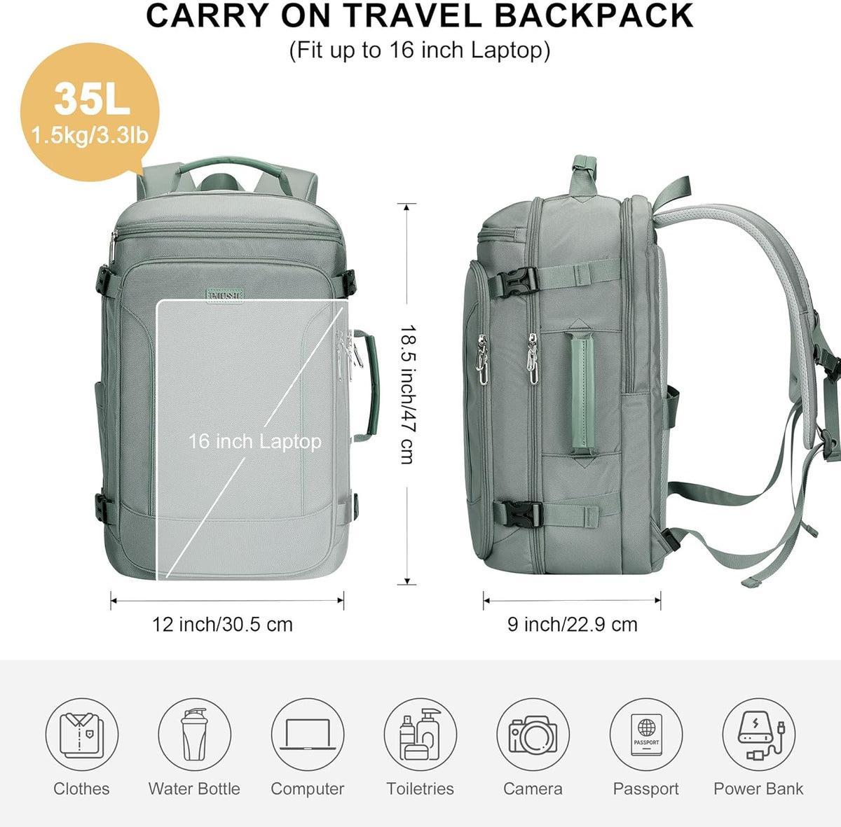 Large Travel Backpack for Women with 16" Padded Laptop Compartment | Flight Approved Carry On Bag with 180° Open, USB Port, Anti-Theft Pocket for Airport, Road Trips, Work, PE067 Khaki
